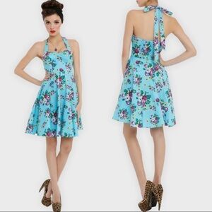 Hell Bunny Viken May Day Pinup Flora Halter Dress Turquoise Blue Size L New